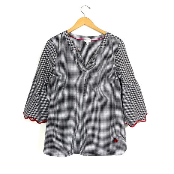 Talbots Women Plaid Gingham Blouse Large Black Casual Summer Cottagecore Boho - Picture 2 of 10